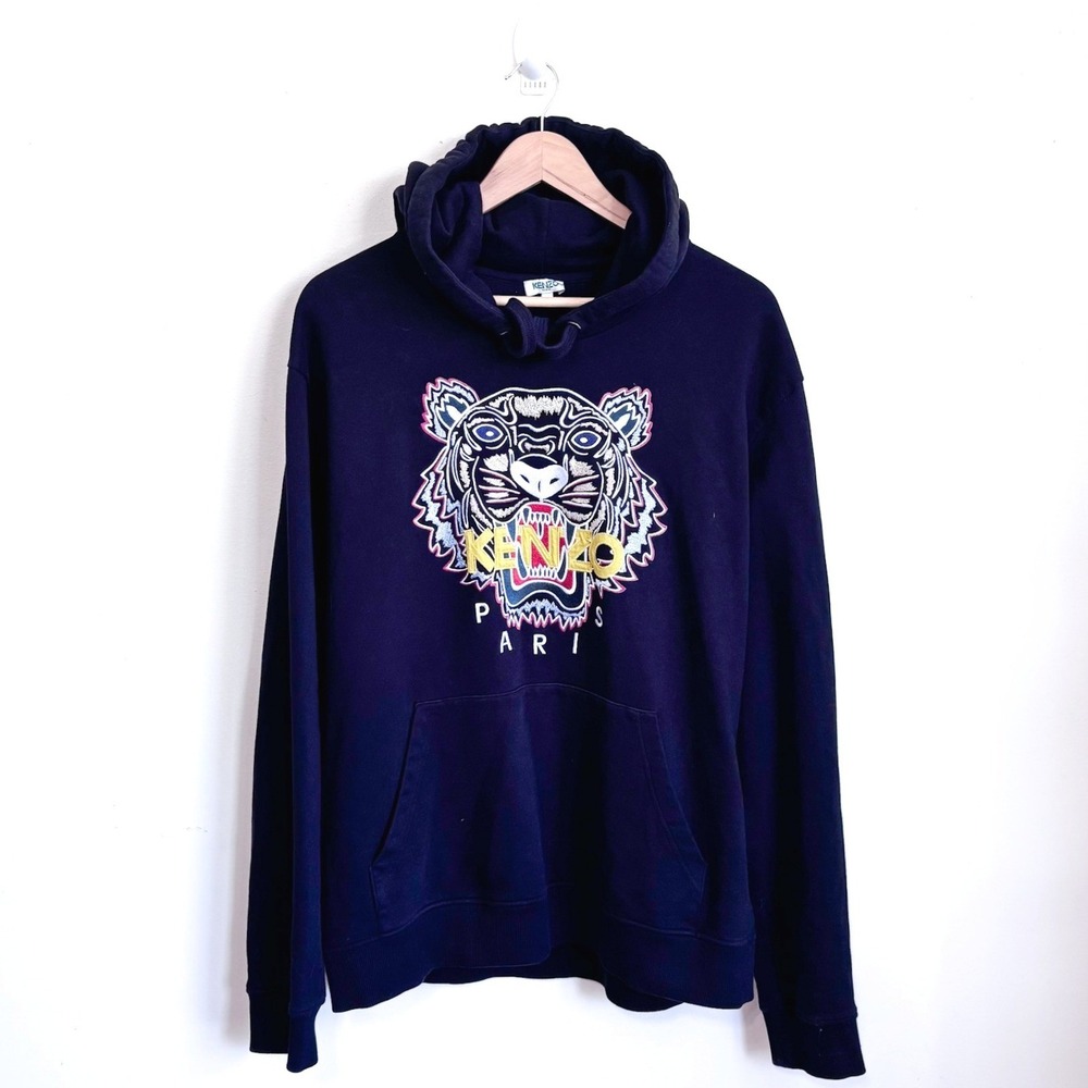 Kenzo Mens Streetwear Tiger Head Hoodie XL Black Embroidered Sweatshirt Cotton